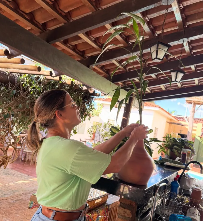 Mirian cuidando de uma muda sob a pérgola do viveiro